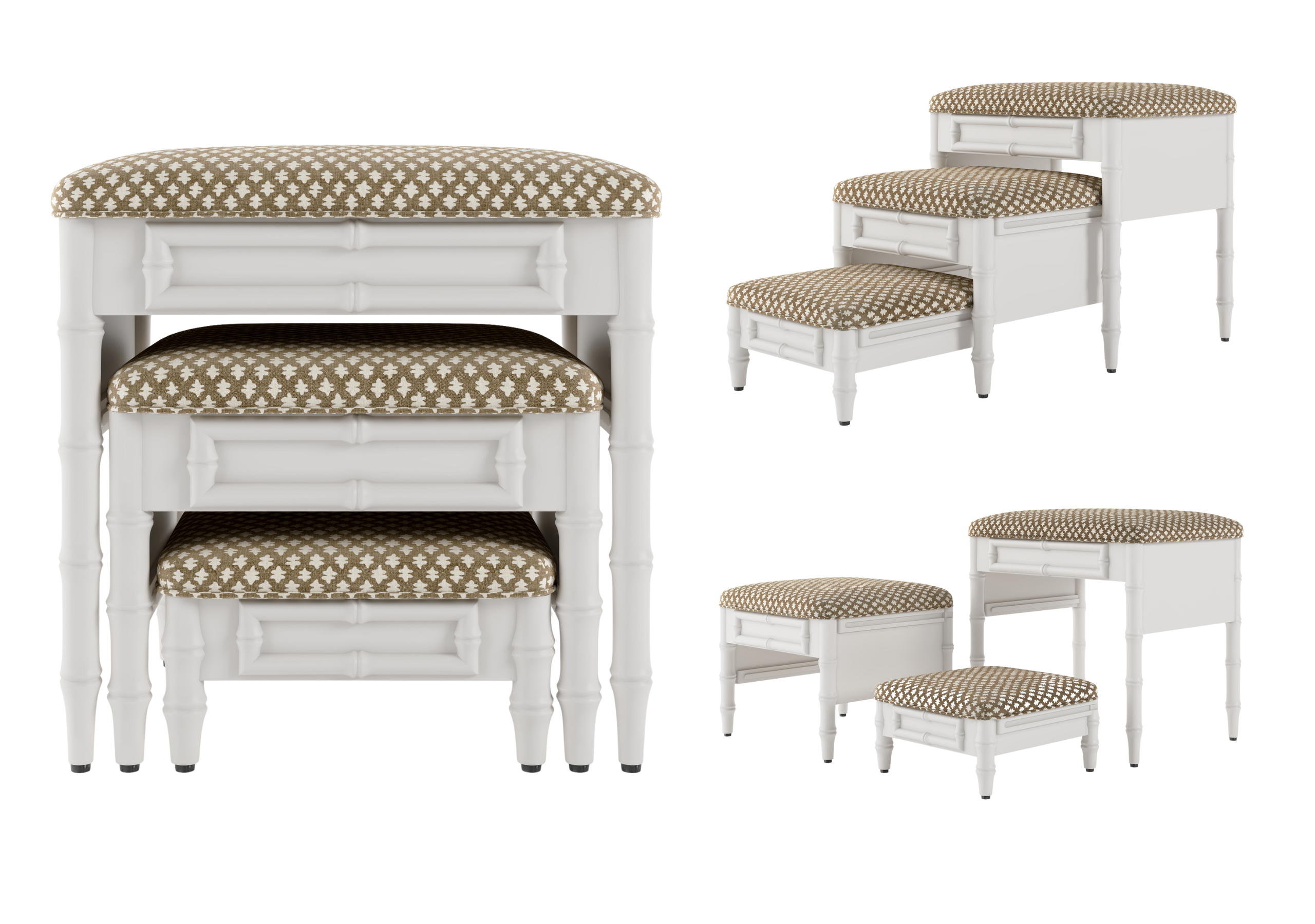 Fursatile Decor Pet Home Decor Chinoiserie Step Ottoman <br> Floret, Brown/White <br> White Lacquer