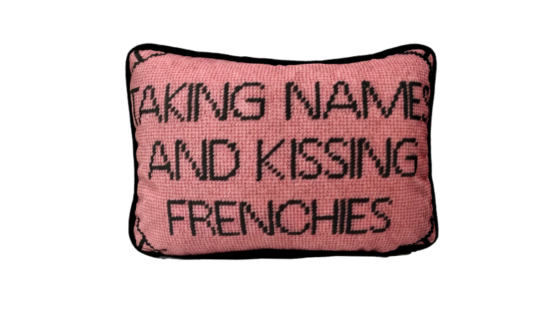 Fursatile Throw Pillows PINK TAKING NAMES & KISSING FRENCHIES [BLUE & PINK]