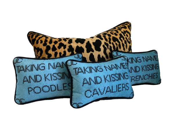 Fursatile Throw Pillows TAKING NAMES & KISSING 'BREED NAME' [TURQUOISE}