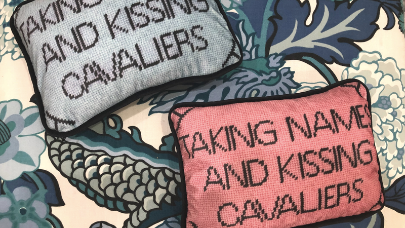 Fursatile Throw Pillows TAKING NAMES & KISSING CAVALIERS [BLUE & PINK]