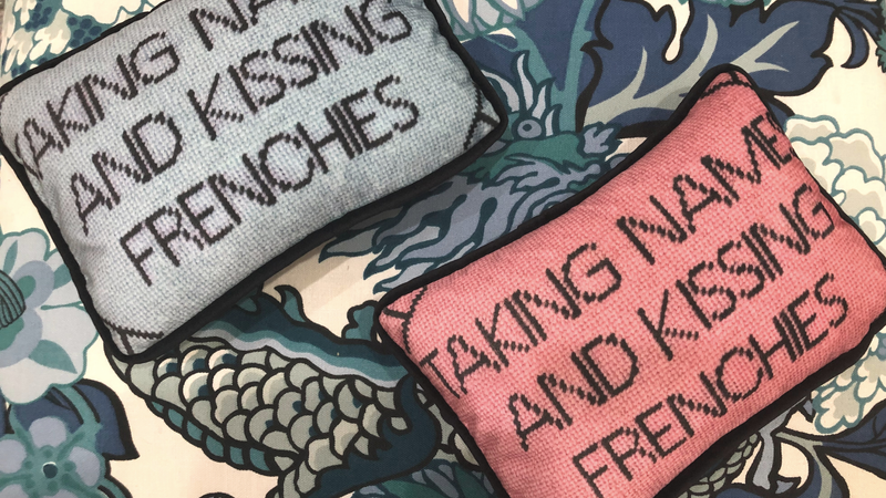 Fursatile Throw Pillows TAKING NAMES & KISSING FRENCHIES [BLUE & PINK]