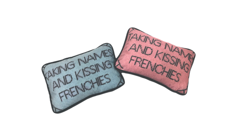 Fursatile Throw Pillows TAKING NAMES & KISSING FRENCHIES [BLUE & PINK]
